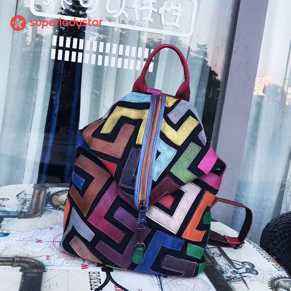 Retro Casual Leather Color Patchwork Backpack