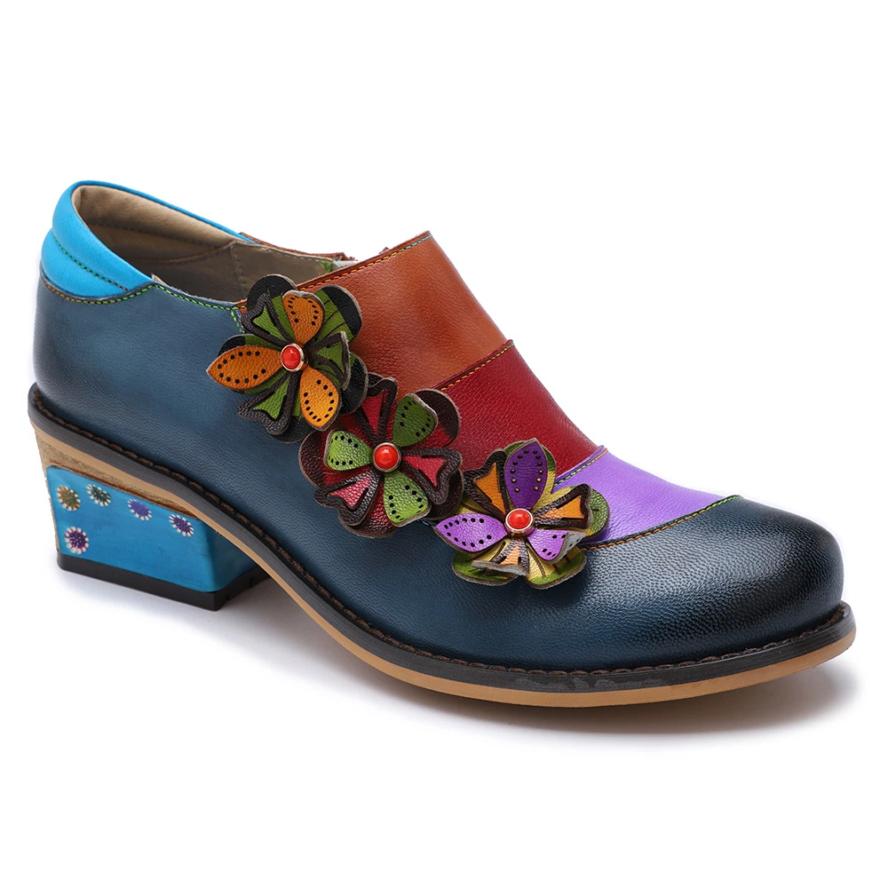 Retro Flowers Splicing Genuine Leather Comfortable Flat Shoes