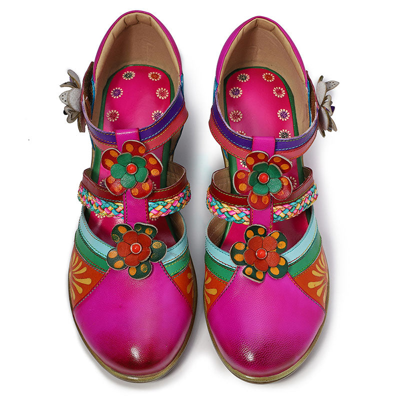 Mulheres Bohemian Leather Printing Stitching Sandálias respiráveis não deslizantes