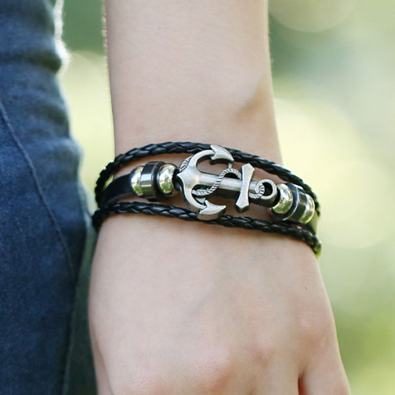 Punk Alloy Anchor Cowhide Bracelet