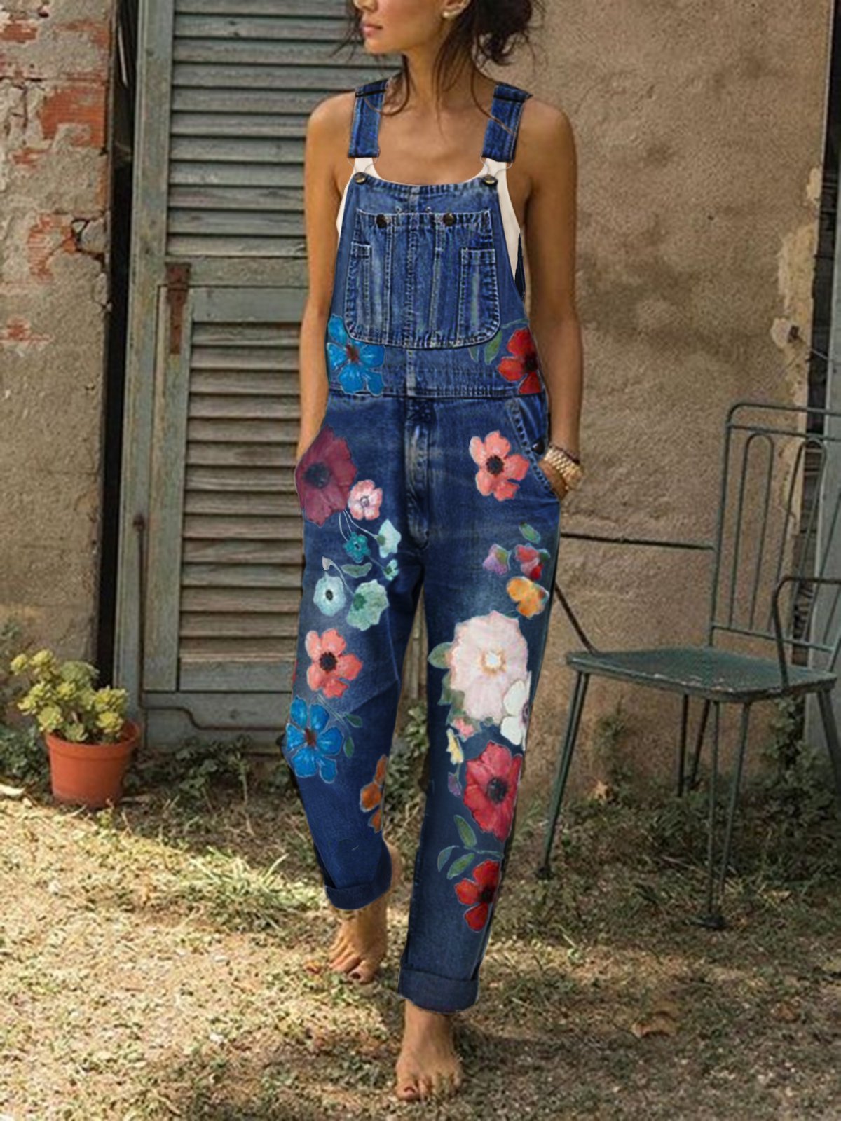 Sleeveless Denim Floral Floral-Print One-Pieces