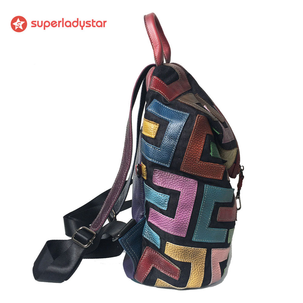 Retro Casual Leather Color Patchwork Backpack