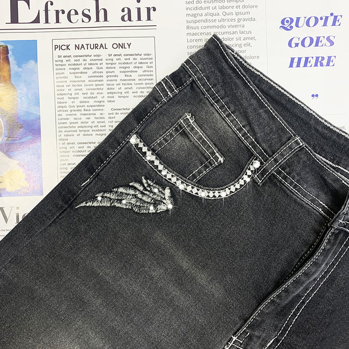 Vintage Embroidered Flared Denim High Waist Pants