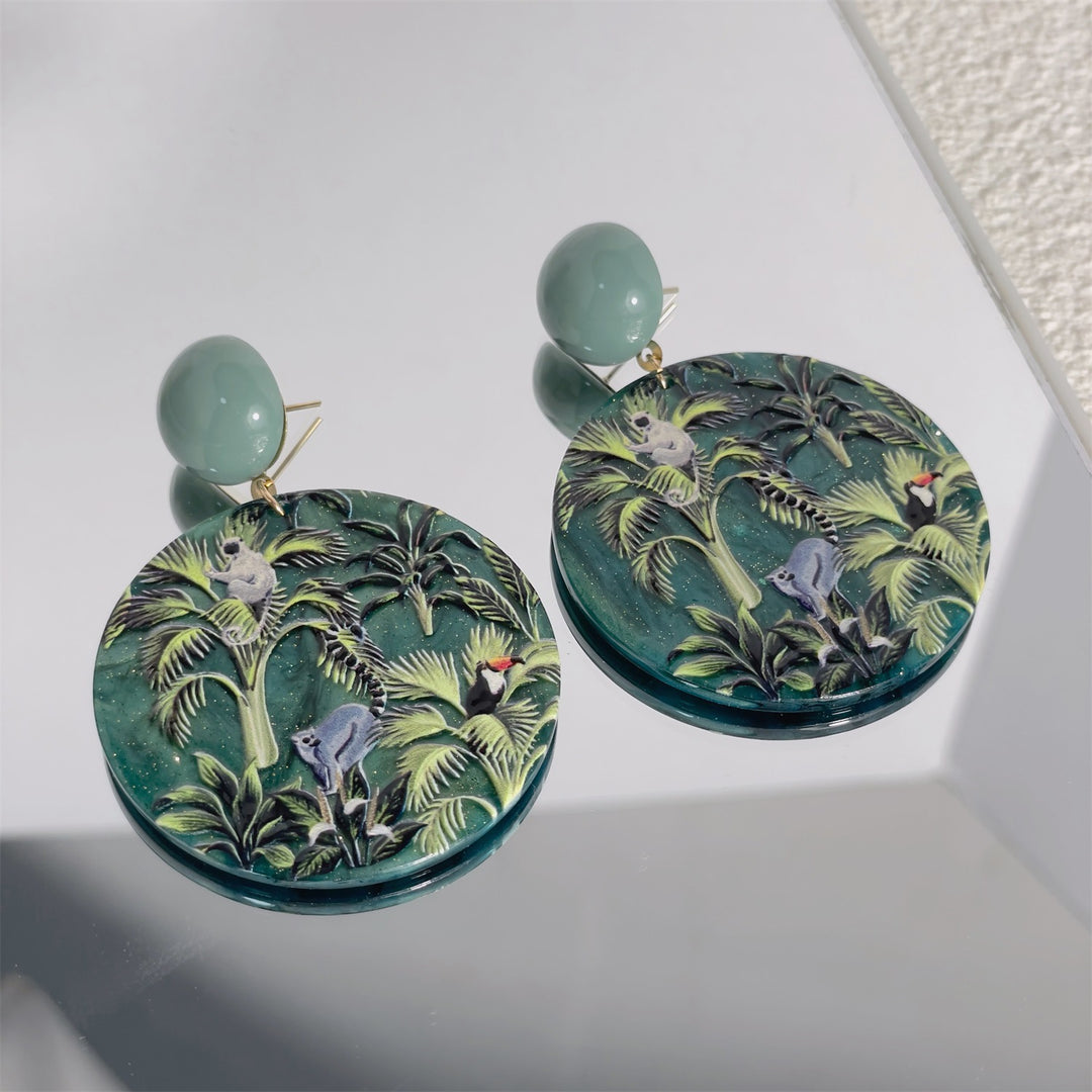 Green Primitive Forest Relief Print Earrings