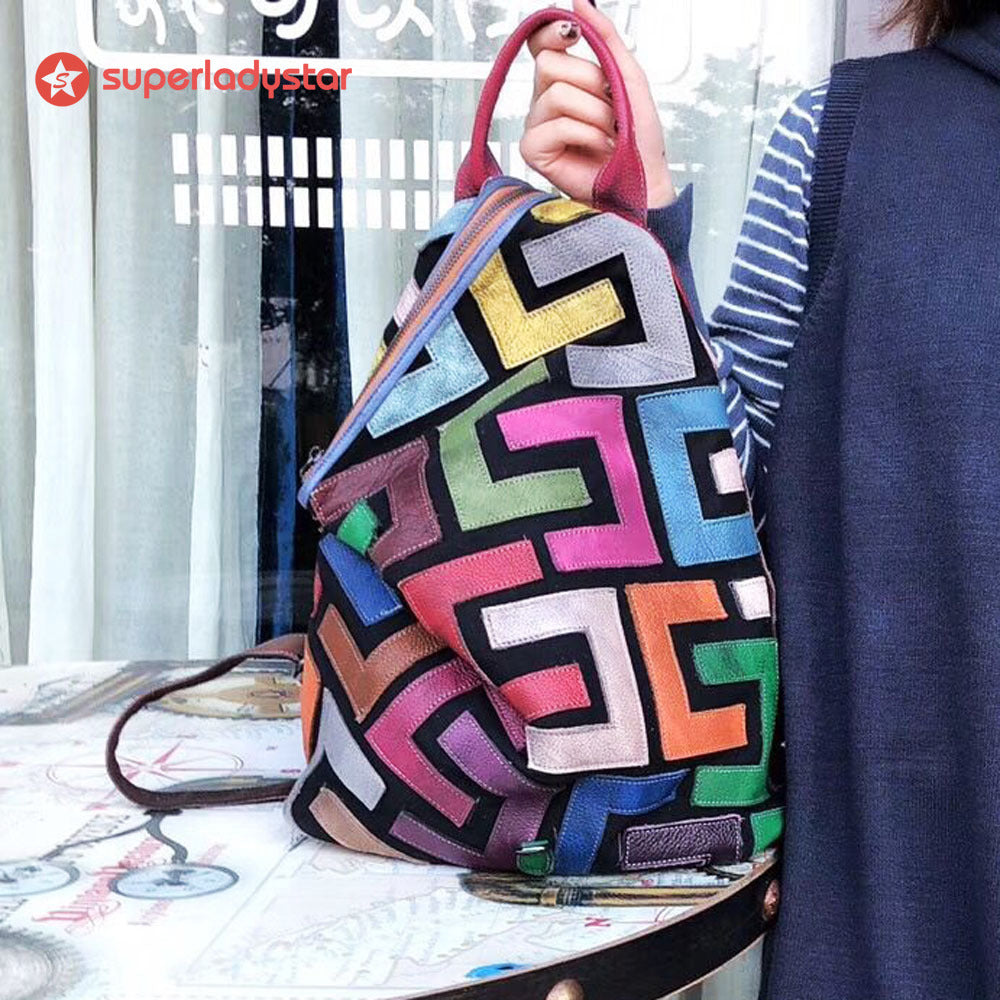 Retro Casual Leather Color Patchwork Backpack