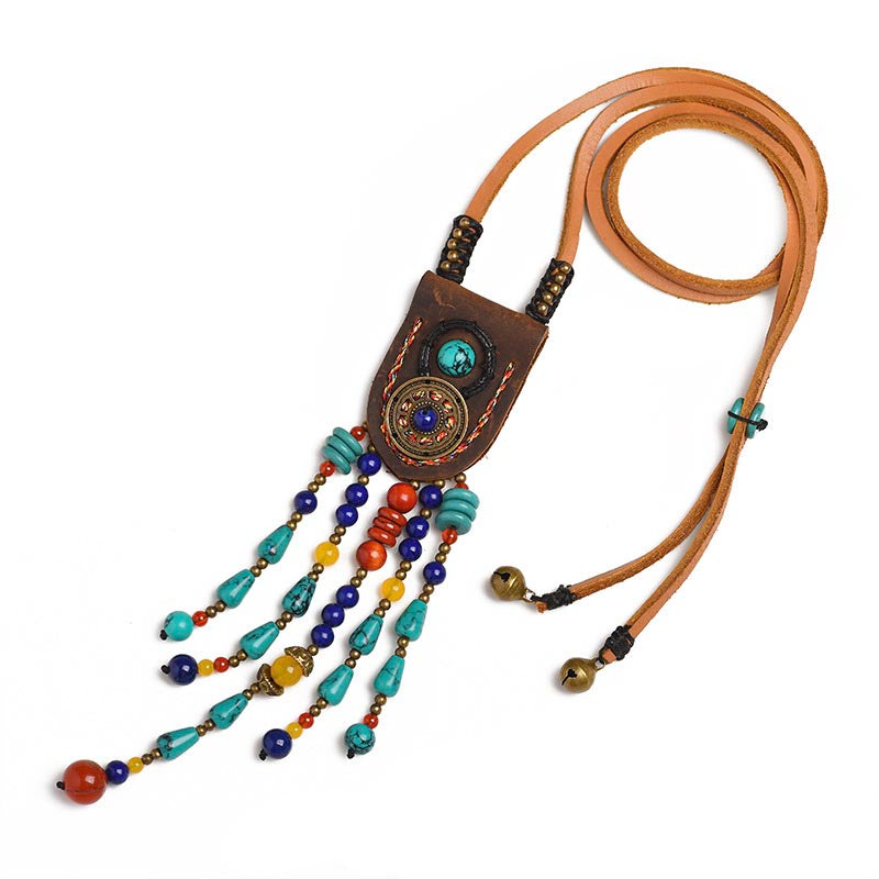 Ethnic Leather Bead Long Necklace