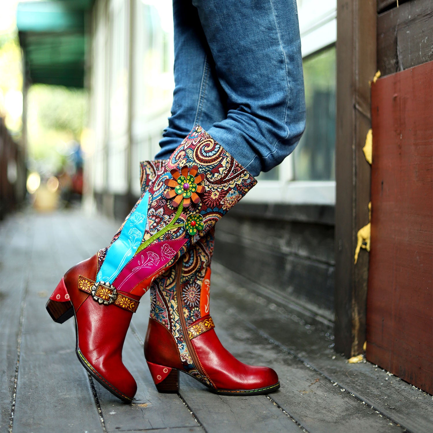 Botas de gravação florais feitas à mão vintage