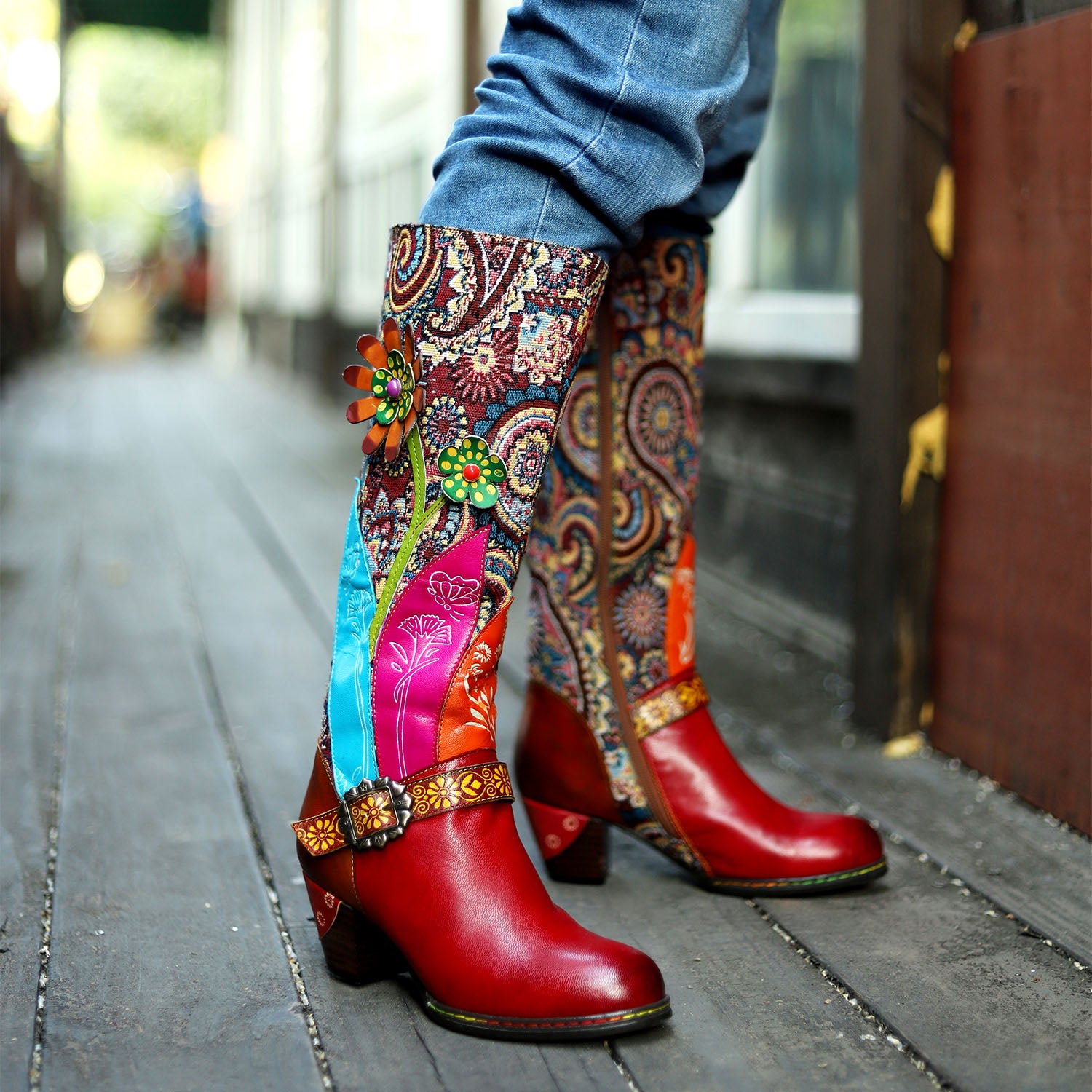 Botas de gravação florais feitas à mão vintage