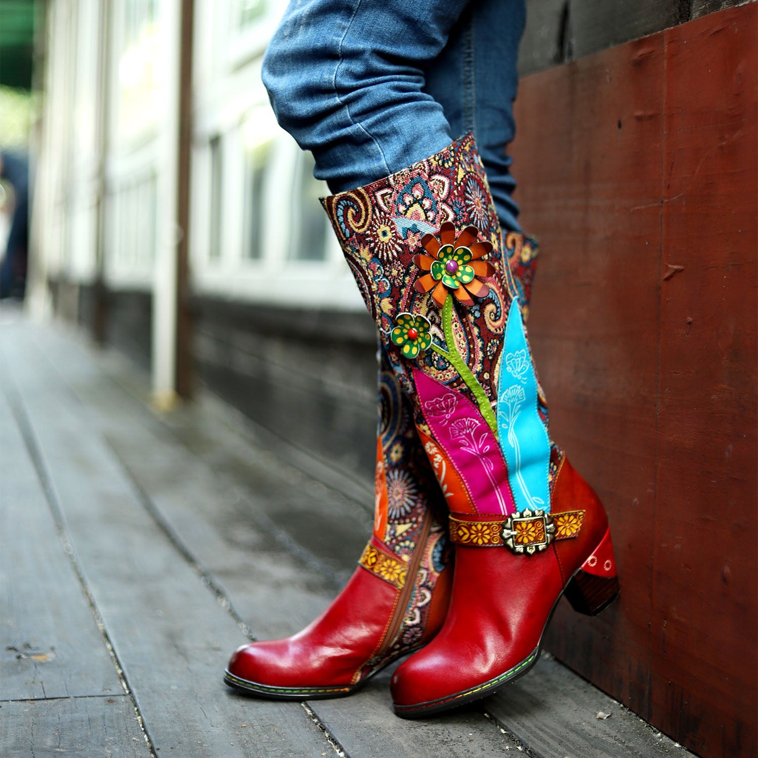 Botas de gravação florais feitas à mão vintage