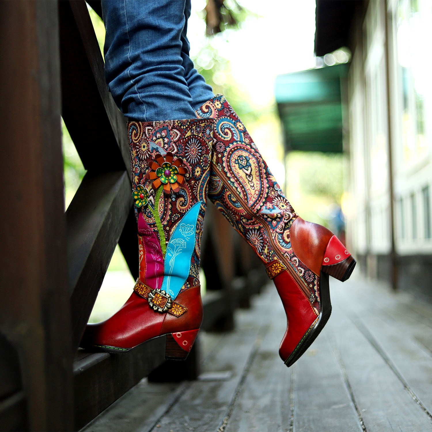 Botas de gravação florais feitas à mão vintage