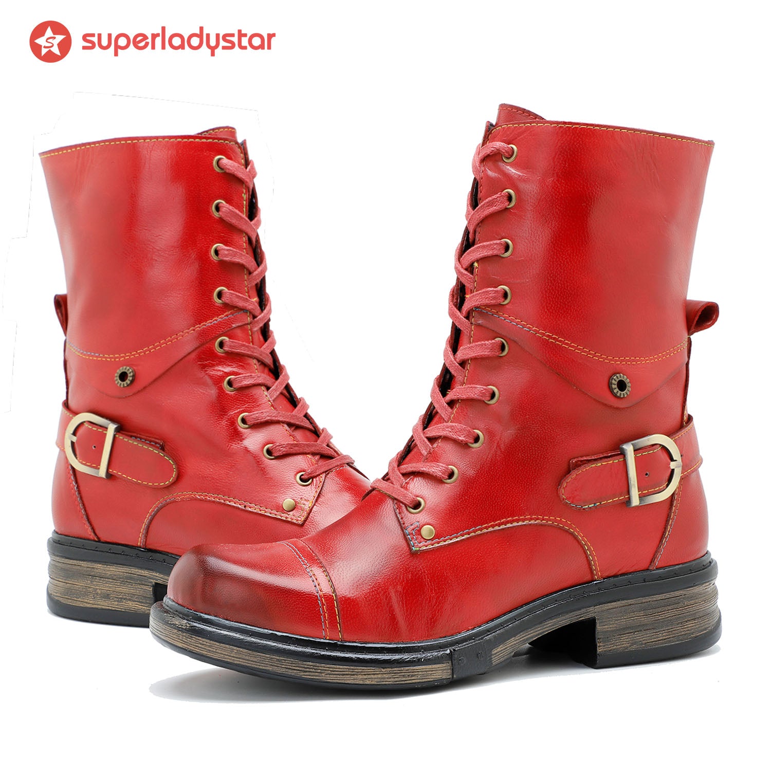 Comfortable Genuine Leather Boots With Laces And Inside Zippers