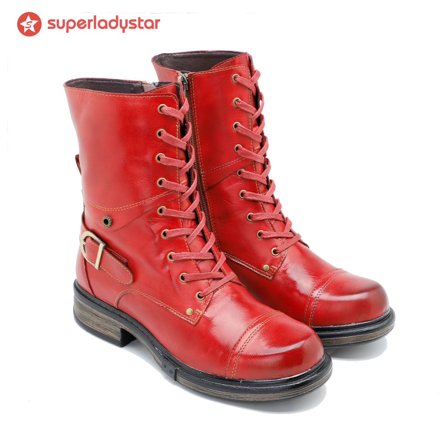 Comfortable Genuine Leather Boots With Laces And Inside Zippers