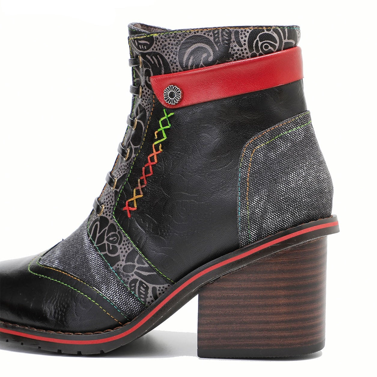 Retro Patchwork Color Contrast Comfort Block Salto das botas