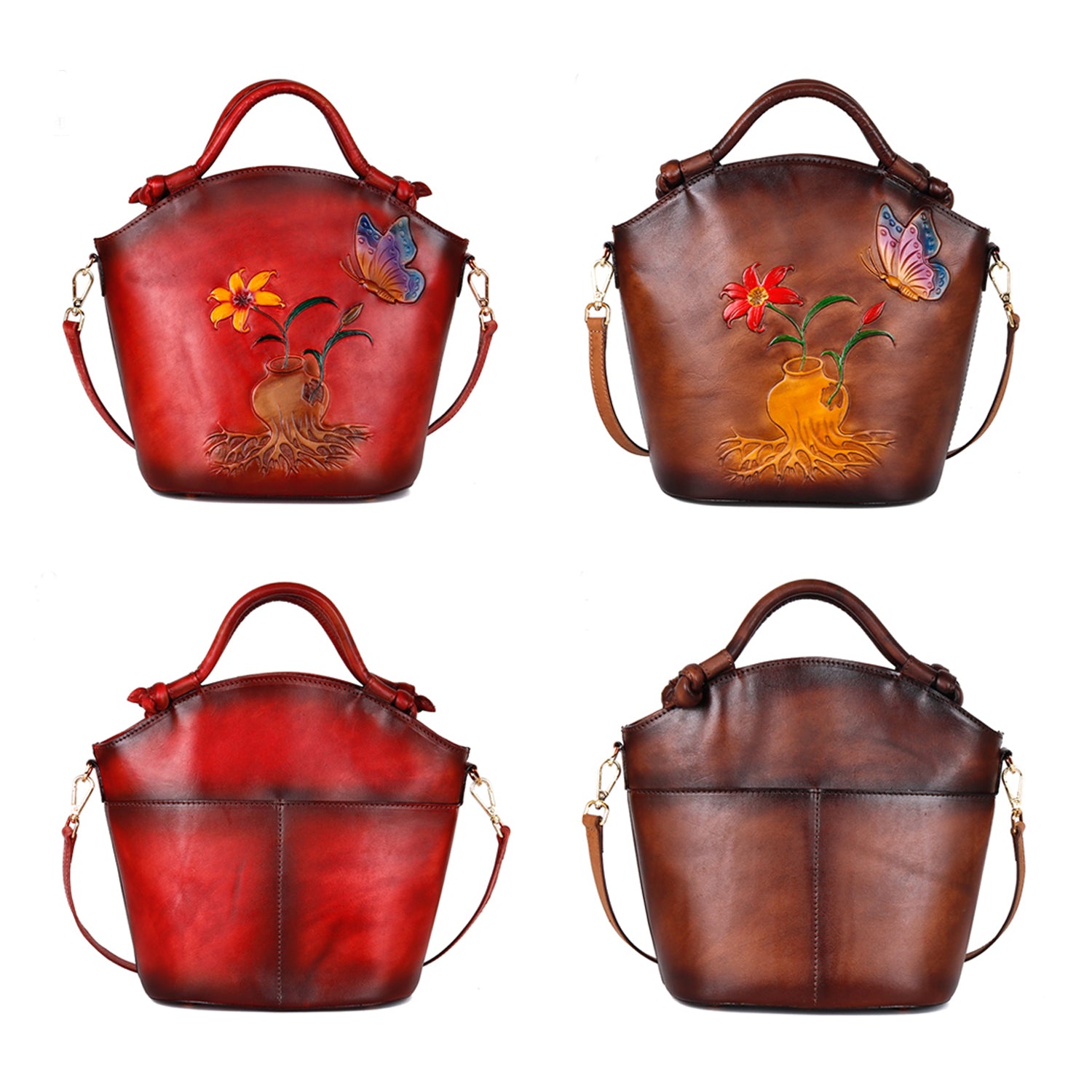 Vintage Embossed Floral Leather Fashion Bucket Bag