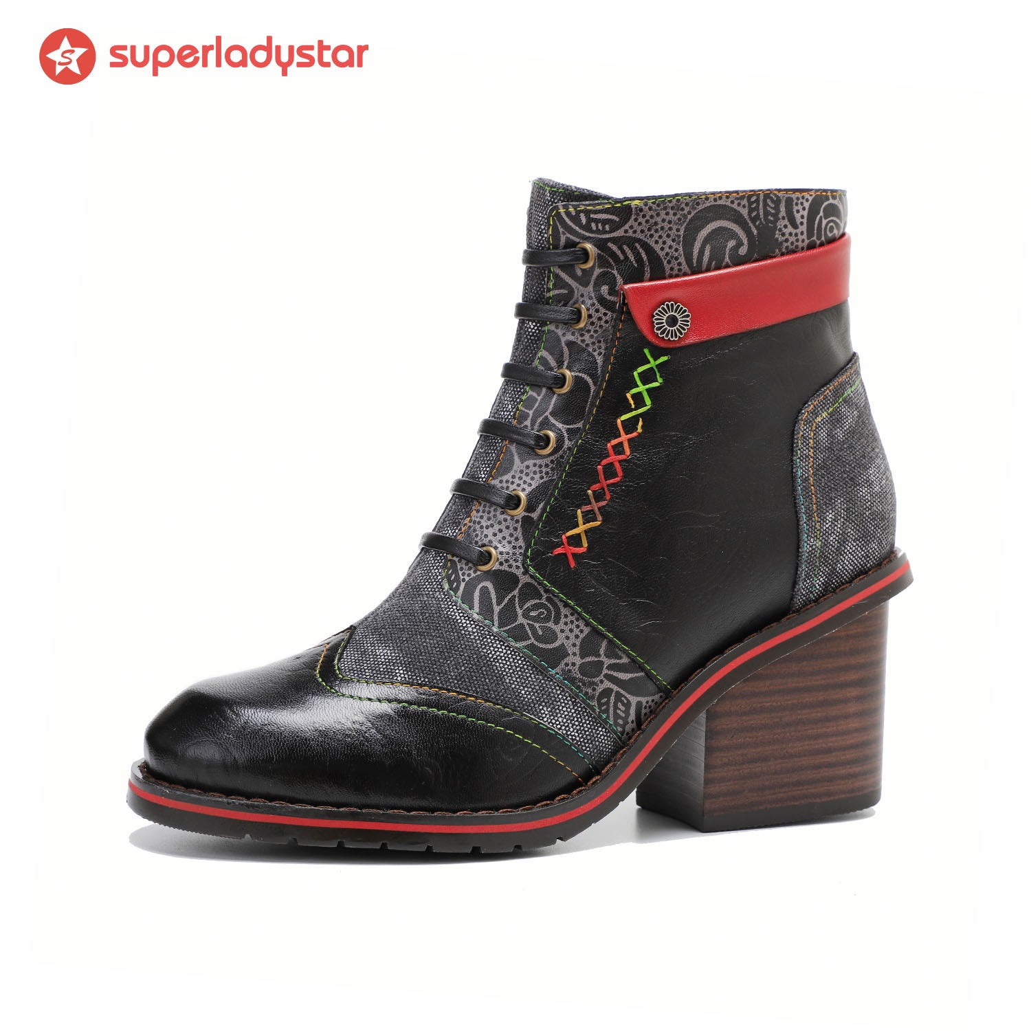 Retro Patchwork Color Contrast Comfort Block Salto das botas