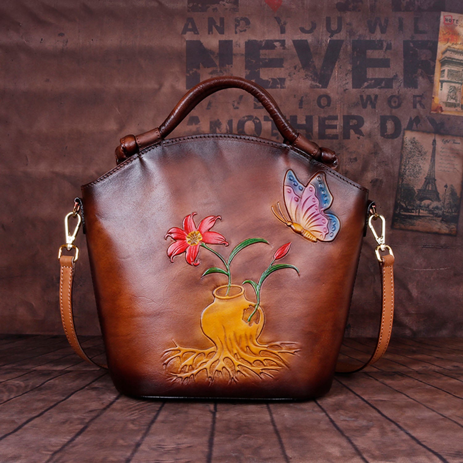 Vintage Embossed Floral Leather Fashion Bucket Bag