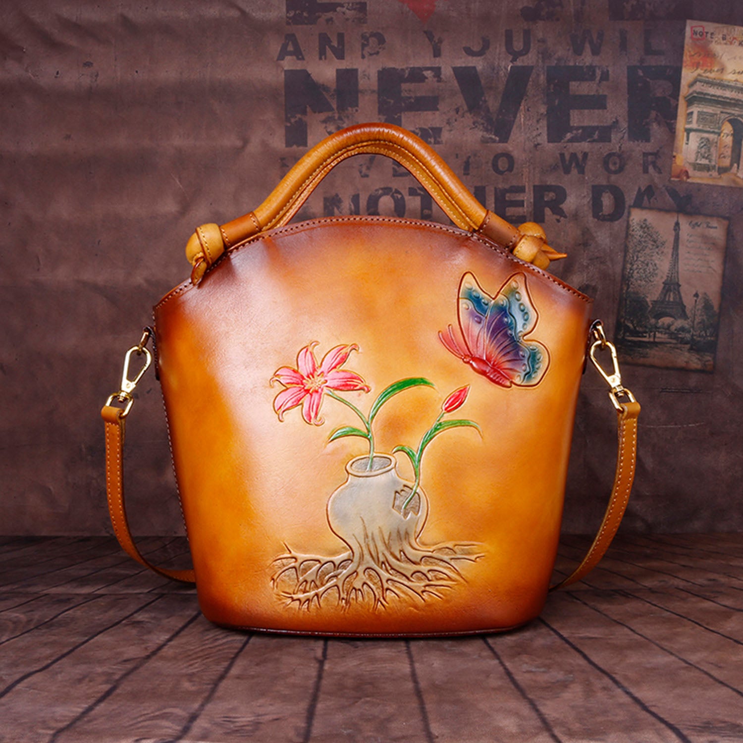 Vintage Embossed Floral Leather Fashion Bucket Bag