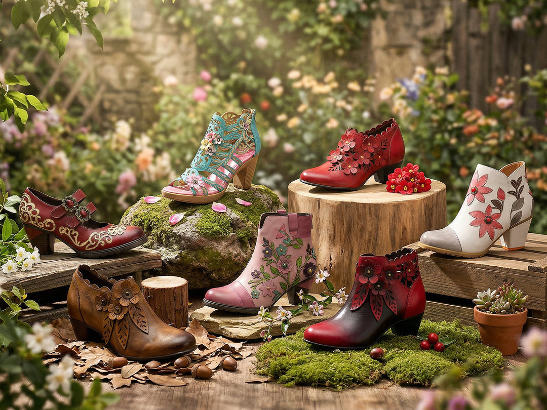 hand-painted vintage shoes on a textured table in warm, artistic morning light
