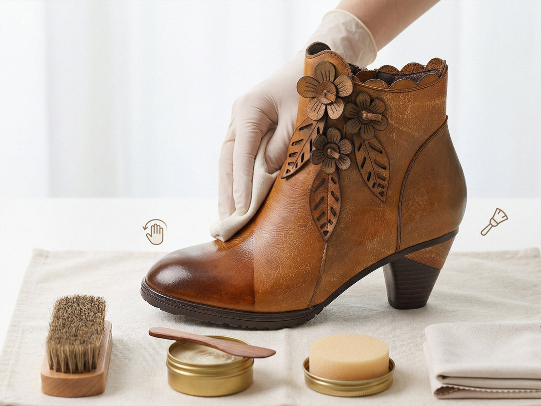 hand-painted vintage ankle boots with floral designs in warm, artistic morning light
