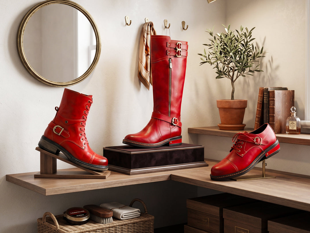 Multiple pairs of leather shoes arranged neatly