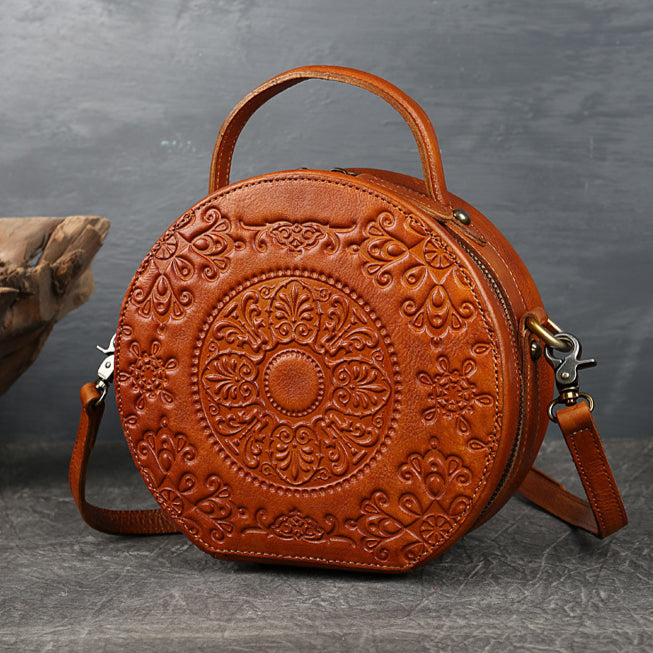 Genuine Leather Vintage Small Round Crossbody Shoulder Bag