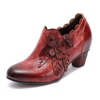 Retro Handmade Floral Leather Low-Heel Pumps