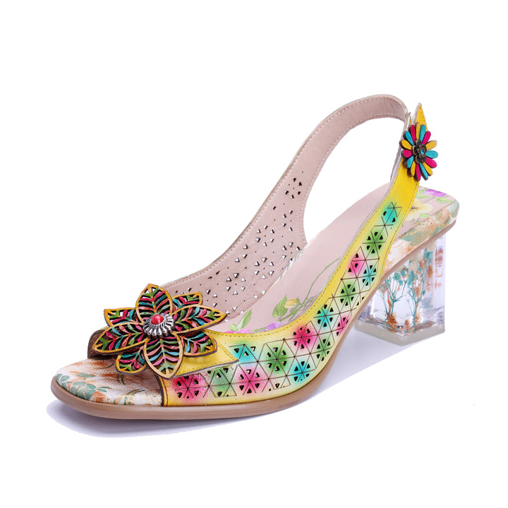 Slingback-Sandalen mit Blumenmuster und transparentem Absatz