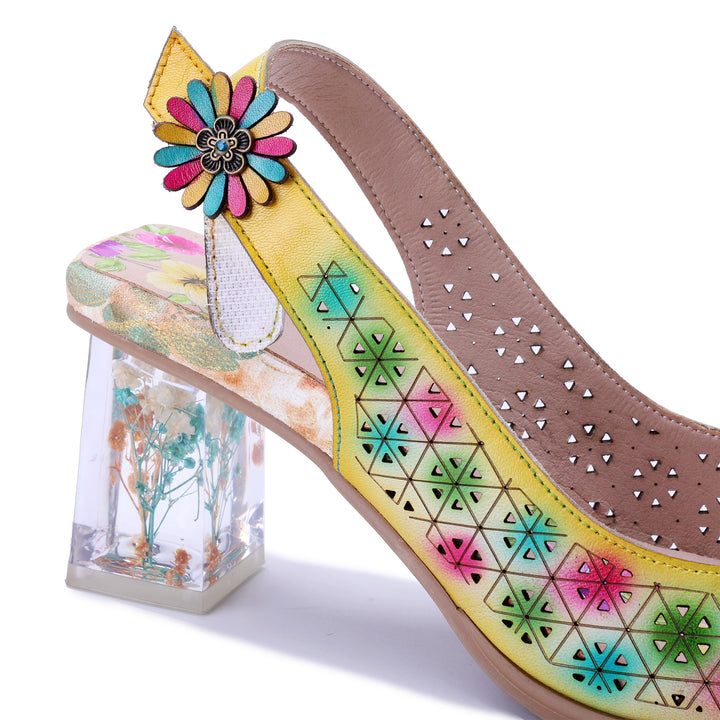 Slingback-Sandalen mit Blumenmuster und transparentem Absatz