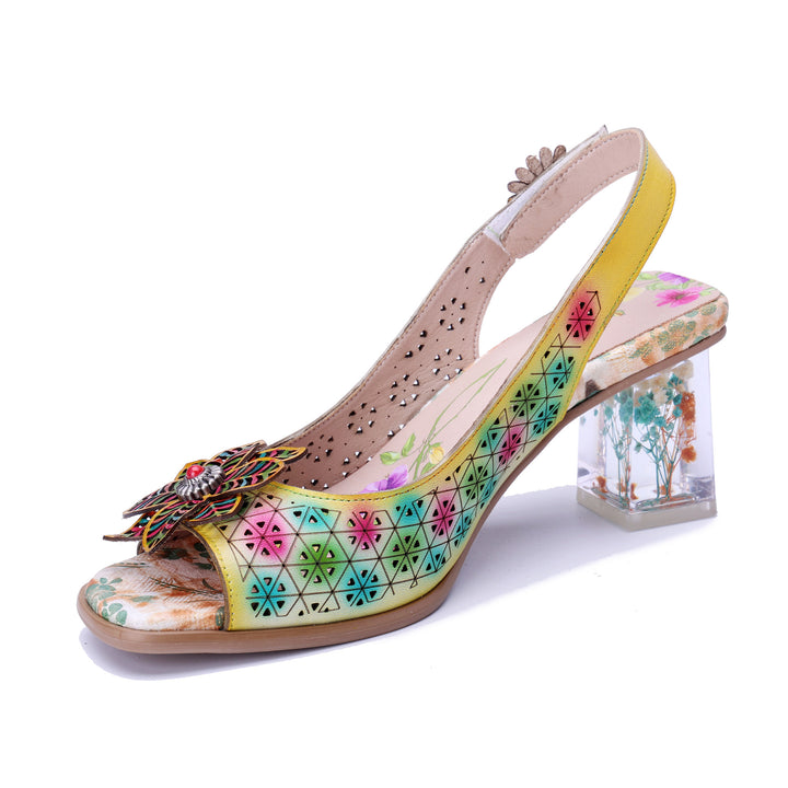 Slingback-Sandalen mit Blumenmuster und transparentem Absatz