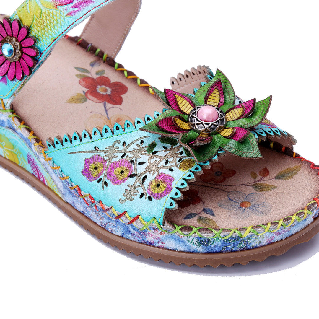 Handgefertigte türkisfarbene florale Keilsandalen