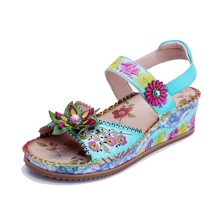 Handgefertigte türkisfarbene florale Keilsandalen