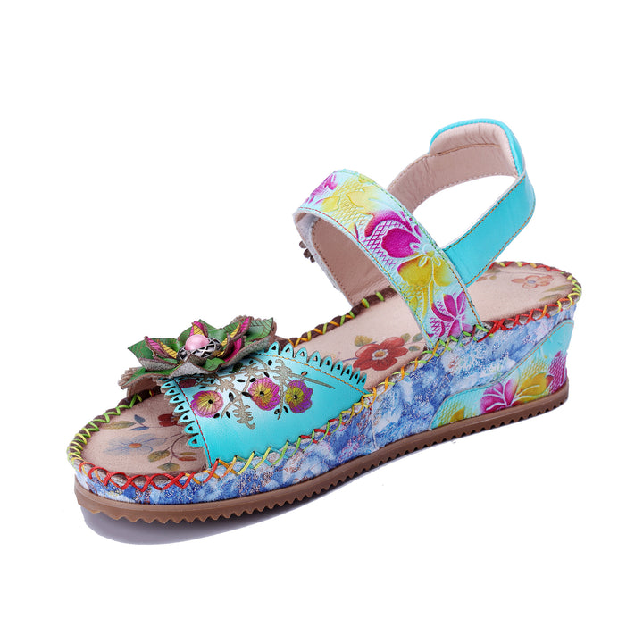 Handgefertigte türkisfarbene florale Keilsandalen