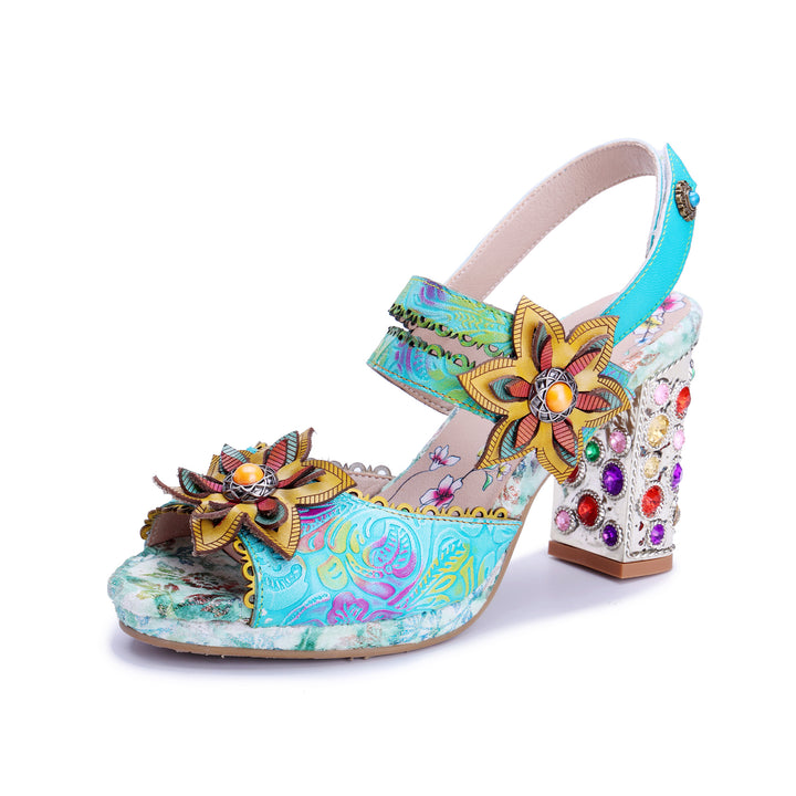 Boho-Blumen-Sandalen mit verziertem Absatz