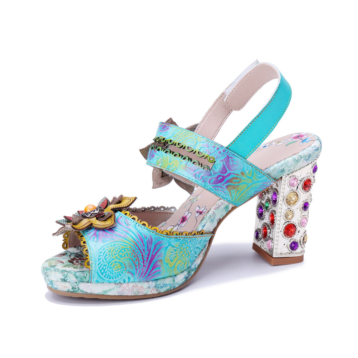 Boho-Blumen-Sandalen mit verziertem Absatz