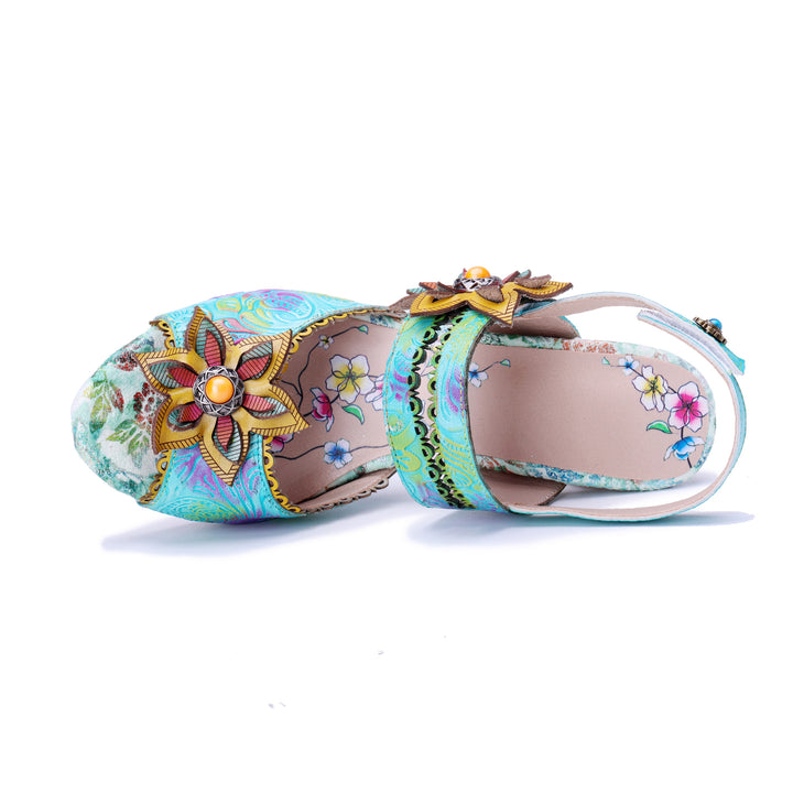 Boho-Blumen-Sandalen mit verziertem Absatz