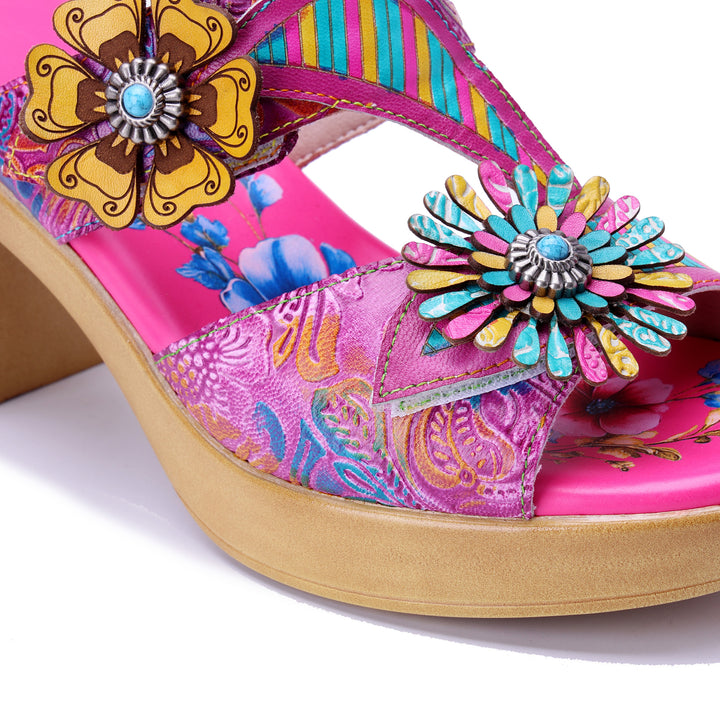 Sandali con tacco grosso Boho floreali vivaci