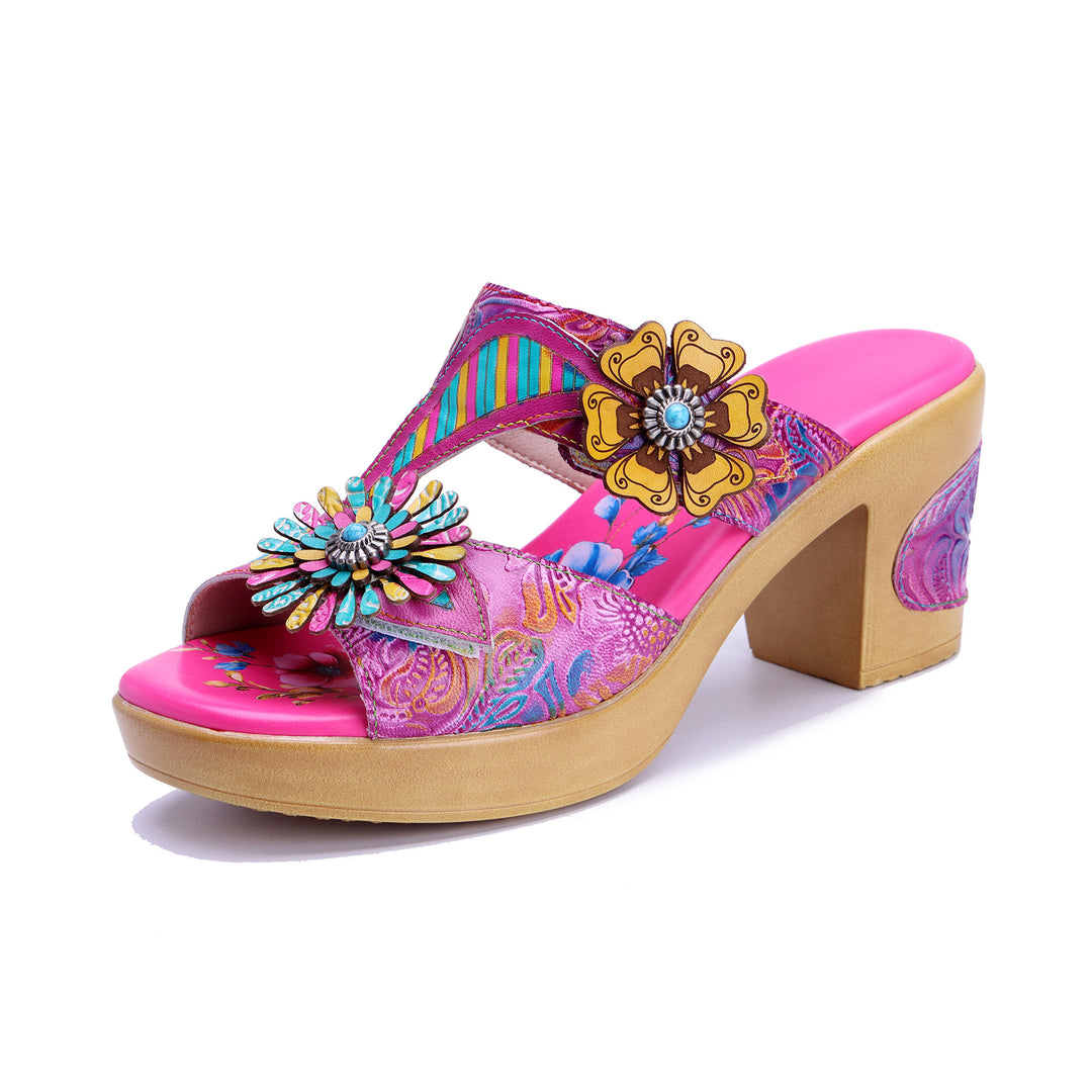 Sandali con tacco grosso Boho floreali vivaci