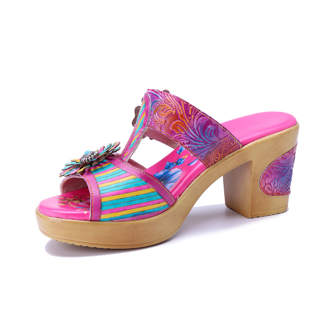 Sandali con tacco grosso Boho floreali vivaci