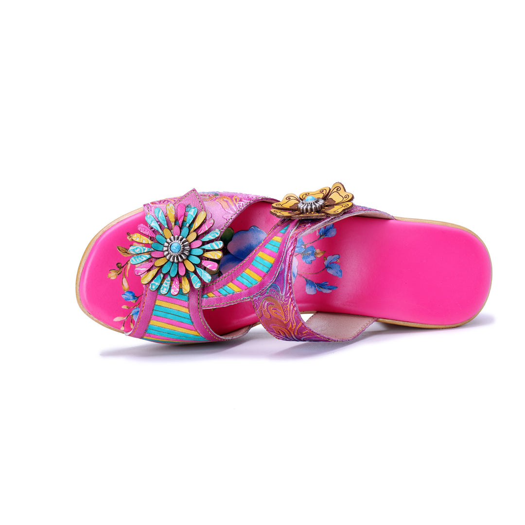 Sandali con tacco grosso Boho floreali vivaci