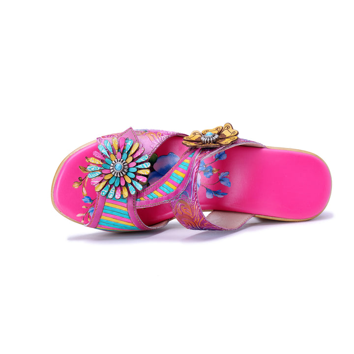 Sandali con tacco grosso Boho floreali vivaci