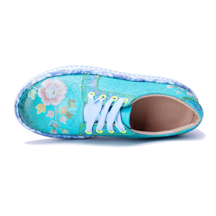 Sneakers stringate con plateau floreale turchese