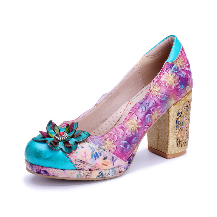 Multicolor Floral Chunky Heel Pumps