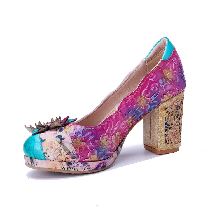 Multicolor Floral Chunky Heel Pumps