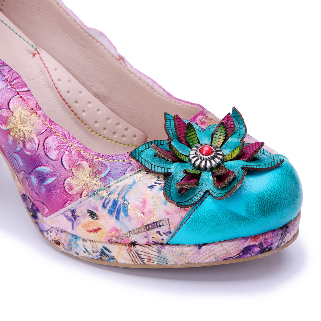 Multicolor Floral Chunky Heel Pumps