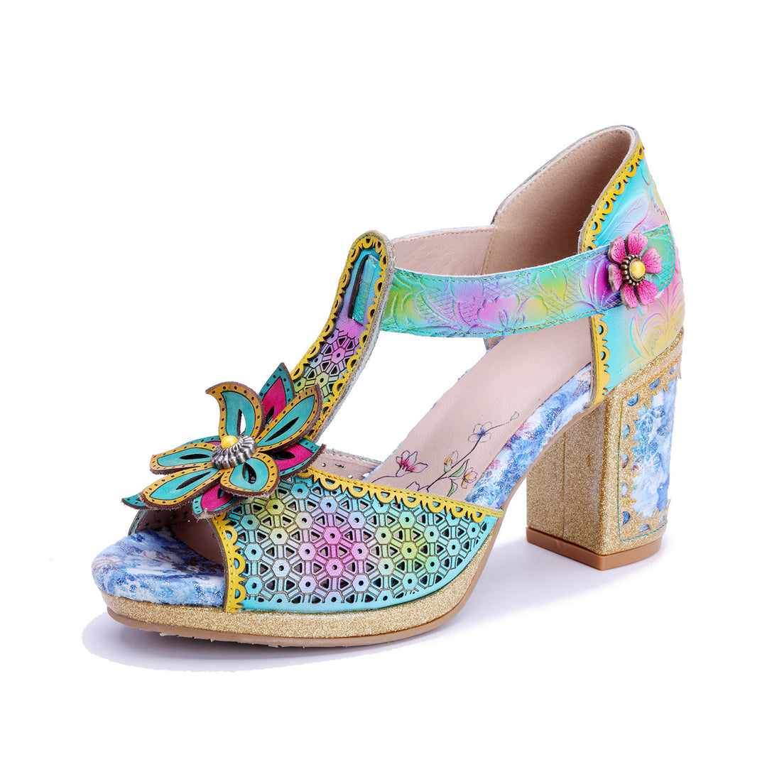 Mehrfarbige T-Riemen-Sandalen mit Blumenmuster