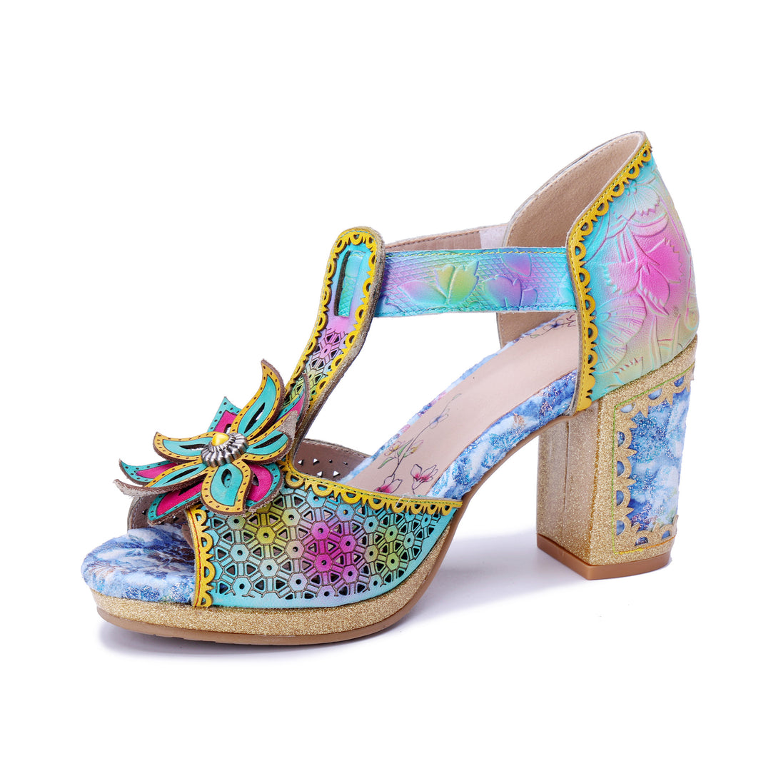 Mehrfarbige T-Riemen-Sandalen mit Blumenmuster