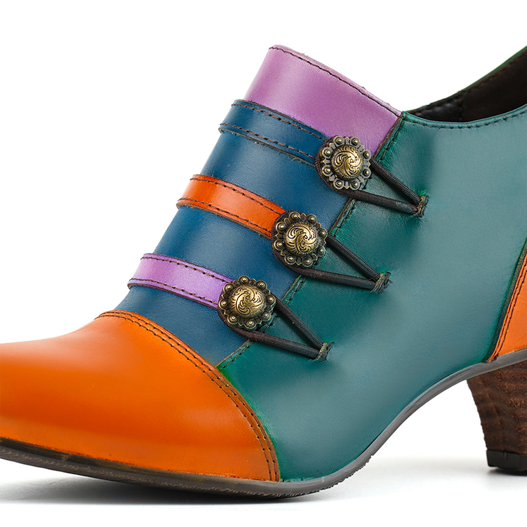 Vintage Colorblock Decorative Buttons Pumps