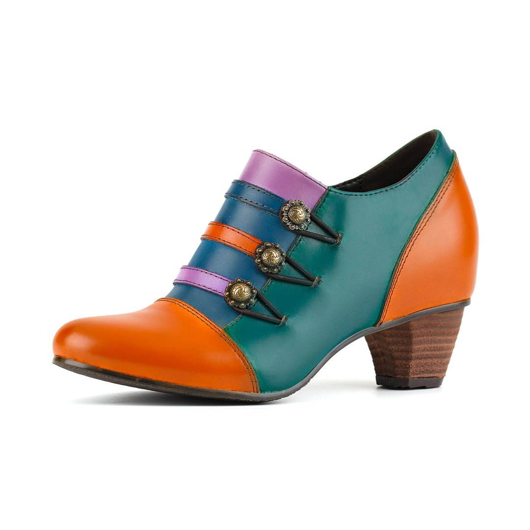 Vintage Colorblock Decorative Buttons Pumps