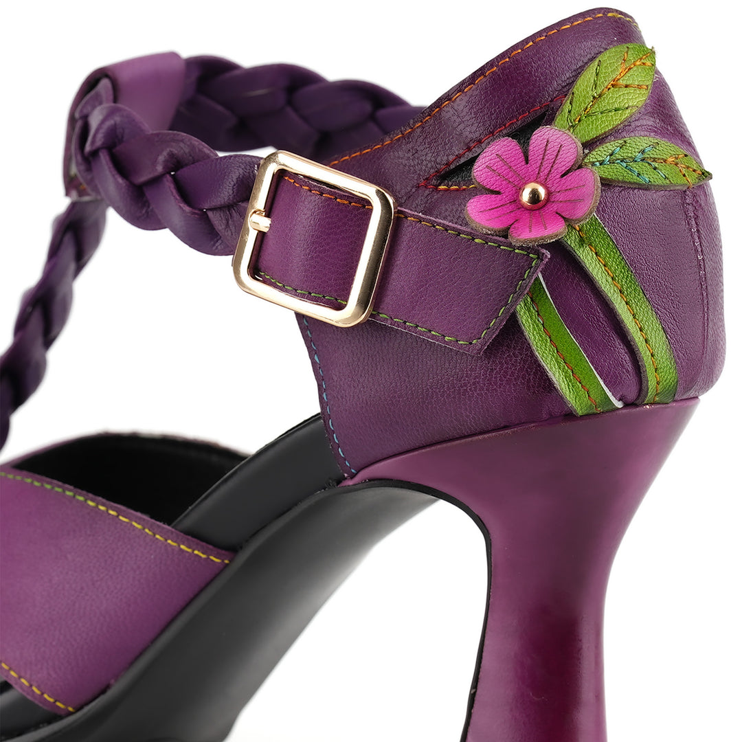 Sandali con tacco alto e cinturino a T intrecciati floreali