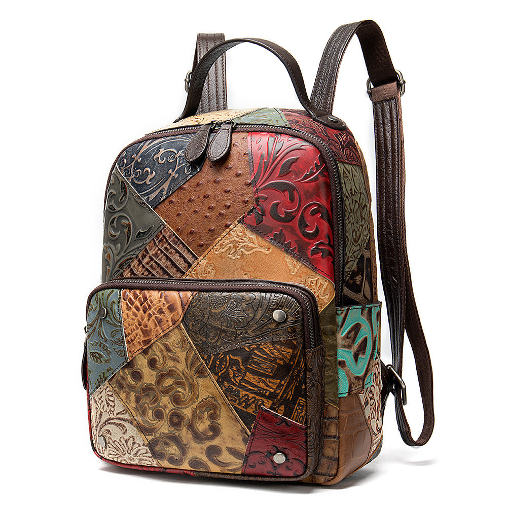 Multi-color Color-Block Handmade Large-Capacity Leather Backpack